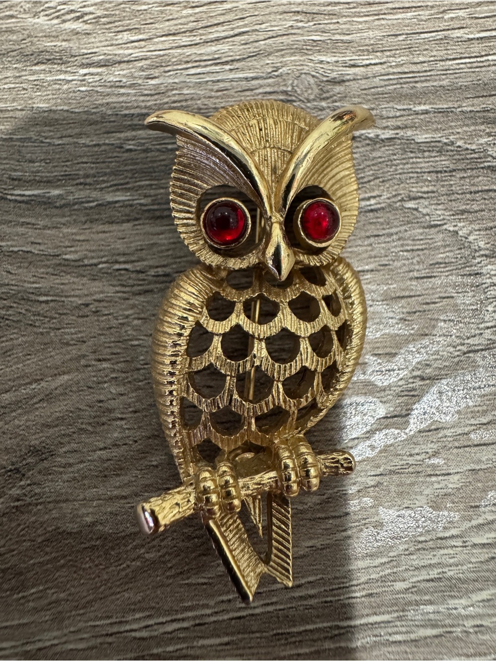 Gold Owl Brooch with Red Eyes by Avon - Like New